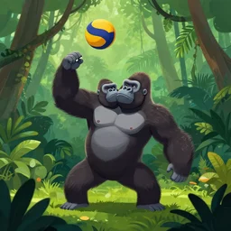 a gorilla playing volleyball in a jungle, in the style of greg rutkowski