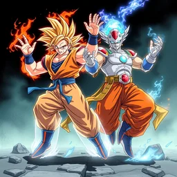 goku, and master chief, doing the fusion dance, trending on artstation, hiroaki tsutsumi style