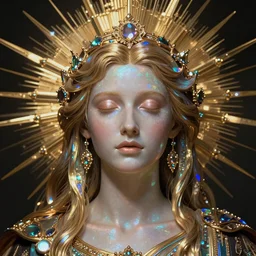 a symmetrical portrait of a beautiful jewel staite, head and shoulders, god rays, symbolist, dramatic, ultra detailed, holographic design, 4 k, 8 k, hdr, award winning