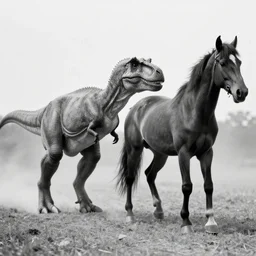 [ [ t rex ] ] and a horse with leg high heels, walk, movement, soft, black and white, photograph, 1 8 5 0 s