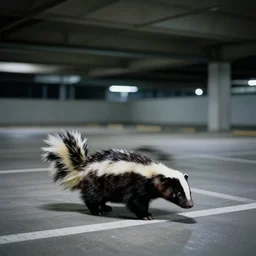 a bipedal skunk in an empty parking structure at night, 28mm lens,