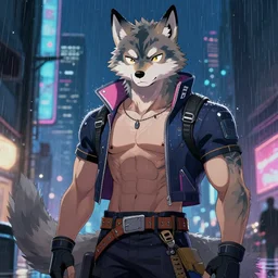 character portrait of a muscular male anthro wolf fursona with a tail and a cute beautiful attractive detailed furry face wearing stylish cyberpunk clothes in a cyberpunk city at night while it rains. hidari, color page, tankoban, 4K, tone mapping, Akihiko Yoshida.