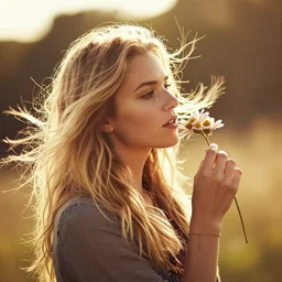 cinematic, golden hour, backlit, over the shoulder photograph of a beautiful blonde hippie woman, smelling a flower, looking into the distance, windy, bokeh, tilted angle, iphone 5 photo