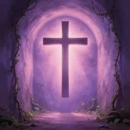 a christian cross as the light at the end of the tunnel, with pale purple and pale pink lighting, with a few vines and overgrowth, studio ghibli, cinematic, realistic painting, high definition, digital art, symmetrical, very detailed, extremely high detail, photo realistic, concept art, unreal engine 5,
