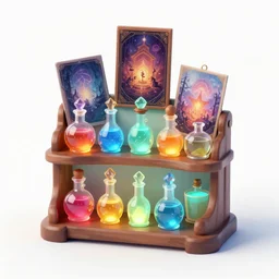 a small rack filled with colorful glowing concoctions, magical potions, fantasy artwork, featured on artstation