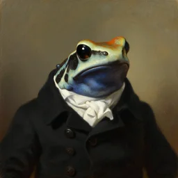 a head - and - shoulders portrait of an amazon milk frog wearing a black buttoned jacket and a white ascot, an american romanticism painting, a portrait painting, cgsociety, soft focus, oil on canvas
