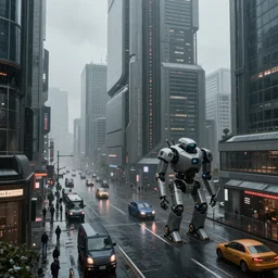 rainy futuristic tokyo city with futuristic vehicles and robots, megacity, sci-fi, matte painting, concept art, style by dylan cole