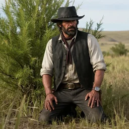 john marston kneeling behind a bush, red dead redemption 2