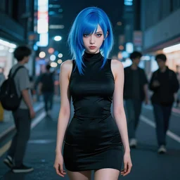 hyper realistic photograph of cyberpunk pretty girl with blue hair, wearing a tight black dress, in city street at night, by makoto shinkai, ilya kuvshinov, lois van baarle, rossdraws, basquiat