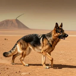 German Shepard walking a human on mars in the style of Dali