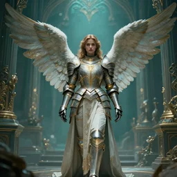 angel, big wings, low key light, full plate armor with cloth, f 1 6, bokeh, medium portrait, gentle, female, ornate city ruins, landscape, d & d, fantasy, intricate, elegant, highly detailed, teal white gold color palette, roger deakins, sharp focus, greg rutkowski and alphonse mucha