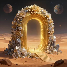 A beautiful digital illustration painting of a recursive floral/quartz/golden portal built by old race of space engineers in an ancient desert on harsh exoplanet Gliese 531c, 8k resolution deviantart, trending on ArtStation, concept art, ultra detailed, dramatic lighting, digital illustration, HDR