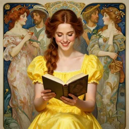 a smiling anna kendrick wearing a yellow dress and reading a book, masterpiece, intricate, elegant, highly detailed, digital painting, artstation, concept art, smooth, sharp focus, illustration, art by artgerm and greg rutkowski and alphonse mucha and uang guangjian and gil elvgren and sachin teng, symmetry!!