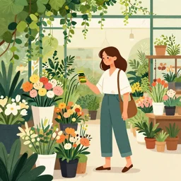 editorial illustration portrait of a woman shopping in a florist shop interior foliage overgrowth, ivy, flowers, mads berg, christopher balaskas, victo ngai, rich grainy texture, detailed, dynamic composition, wide angle, kurzgesagt, matte print, screen print, ( ( dither ) )