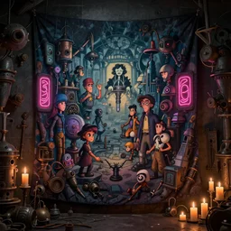 tapestries of dreams, ultra detailed, dark, steampunk, moody, candles, neon signs, neon highlights, characters from machinarium, by don bluth, trending on artstation, octane render