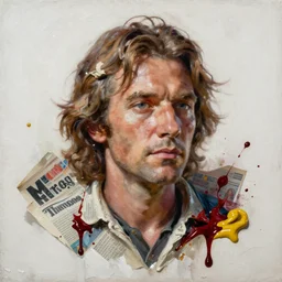hyperrealistic, photorealistic, mixed media oil painting of hunter s. thompson, magazine scraps, plaster, blood, oil, mustard, splatter, greg rutkowski, basquiat, ralph steadman, wesley kimler