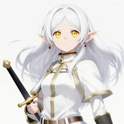 renaissance anime brave elf girl with white skin and dagger, wide golden eyes, hair blowing the wind, dramatic pose, front light, trending art, fashion photography, centered, fate, hyper detailed, bokeh, studio glibly makoto shinkai, wlop