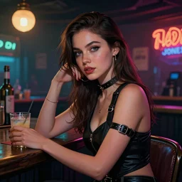 beautiful psychedelic digital art of a beautiful cyberpunk lady in a cozy bar by Mad Dog Jones, Norman Rockwell and Ben Erdt