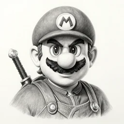 mario as The Witcher, pencil art on paper, highly detailed, looking defiantly at the camera, eyes are yellow,symmetrical mouth, unreal-engine