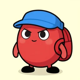 a cartoon red bean character with a blue visor and red backpack