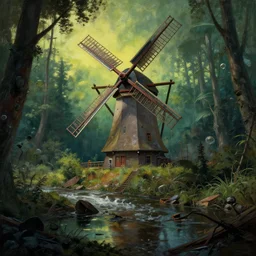 cyberpunk style windmill in the middle of the old and dirty river, gorgeous lighting, highly detailed, lush forest painting by zdzisław beksinski and norman rockwell and greg rutkowskiweta studio, and lucasfilm