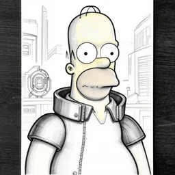 homer simpson, realistic, portrait, cyberpunk 2 0 2 0 manual, by steampoweredmikej, by tim bradstreet, inktober, ink drawing, black and white, coloring pages, manga, highly detailed