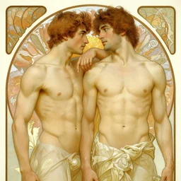 2 muscular attractive men, painting by gaston bussiere, craig mullins, greg rutkowski, alphonse mucha