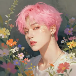 pink haired bts jimin, muted colors, colorful flowers, sunlight filtering through skin, by alan lee, wlop, illustrated by starember, fantasy art by craig mullins cfg _ scale 9