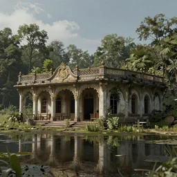 abandoned restaurant on overgrown forest, fantasy, ornate, hyper realism, wet reflections, intricate, realistic, digital art, detailed, studio shot, unreal engine 5, octane, high definition, smooth, artstation, behance