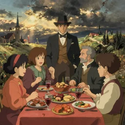thanksgiving, in the style of studio ghibli, j. c. leyendecker, greg rutkowski, artgerm