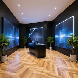 hyperdetailed samsung store interior. geometric, neon, futuristic. oak parquet, black walls, digital walls, plants