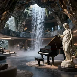 a futuristic apartment interior in the style of a waterfall cave, grand piano, Greek marble statue, high ceiling, dark moody lighting, foggy atmosphere, 10mm lens, by Craig Mullins and frank lloyd wright and, octane rendering
