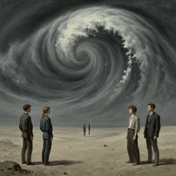 a giant 🌊 swirling in the sky above a barren 🏜 by ivan shishkin and zacharias aagaard and simon stalenhag and dan mumford and josan gonzalez, surrealism, chiaroscuro, hyper detailed, desaturated, retrowave