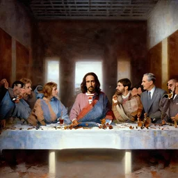 nic cage in the last supper as painted by george w bush