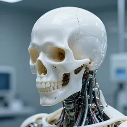 white glossy translucent skin mecha humanoid skull with visible inside wiring and circuitry, ultra-detailed, low-light, at laboratory, by vitaly vulgarov