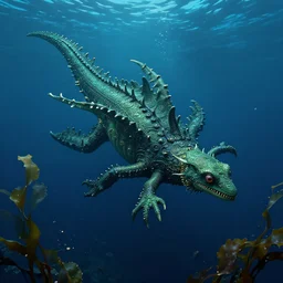 detailed, ornate sea monster, creature by maurice sendak, shaun tan, made in hyperrealistic 3 d, dark green colours, nighttime, floating to the surface of a deep blue ocean with sea kelp