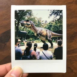 A polaroid photo of a dinosaur in a Zoo being watched by visitors
