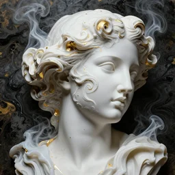 fluid simulation, 3 d render, female model face portrait, smoke sculpture, intricate swirly patterns, beautiful female face melting, color mix in white paint, white carved abstract sculpture, black mineral quartz sculpt, swirly curls fractal gold, abstract white fluid, golden edges and fractals, artstation, render, cinematic light, art noveau fresco ink, renessaince paint, liquid acrylic painting