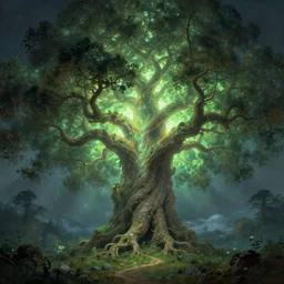 A 100 year old ancient huge glowing tree of life, fantasy painting, lots of detail