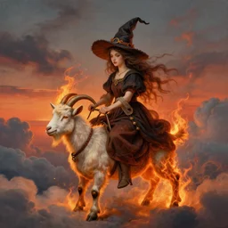 symmetry! half length portrait of a biblical diabolical fairy witch girl burning riding a cute goat, fire, clouds, sunset, studio light, by mikhail vrubel, by peter elson, muted colors, extreme detail, trending on artstation, 8 k