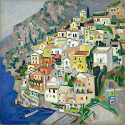 a painting of amalfi coast made of abstract buildings like hongcun ancient village houses by yves tanguy, thick outlines