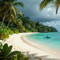 beautiful tropical island beach, lush vegetation, white sand beach, tropic plants and flowers, clear water, gigantic shark in the water, dramatic lighting, cinematic, establishing shot, extremly high detail, foto realistic, cinematic lighting, post processed, concept art, artstation, matte painting, style by eddie mendoza, raphael lacoste, alex ross