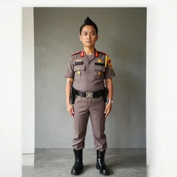 portrait of lindsey pelas wearing police uniform in indonesia, by francis giancobetti, natural light, detailed face, canon eos c 3 0 0, ƒ 1. 8, 3 5 mm, 8 k, medium - format print, full body shot