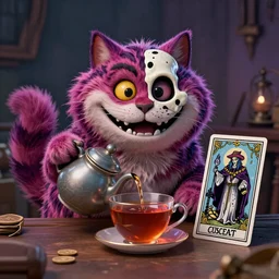 Cheshire Cat brewing tea, Death Tarot card,highly detailed,half skull face,cinematic,8k,by Stanley Artgermm,Tom Bagshaw,Greg Rutkowski,Carne Griffiths, Ayami Kojima, Beksinski, Giger,trending on DeviantArt,hyper detailed,horror, full of colour