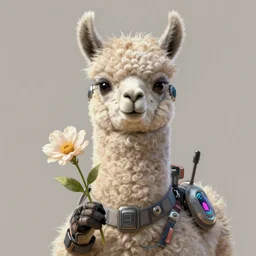 a portrait of an anthropomorphic cyberpunk llama holding a flower, cyberpunk!, fantasy, elegant, digital painting, artstation, concept art, matte, sharp focus, illustration, art by josan gonzalez