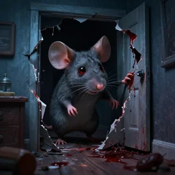 horror creepypasta chuck E cheese mouse breaking into room, hyperrealistic blood and eyes, cursed image