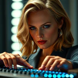 photography portrait of charlize theron playing on a theremin, theremin instrument visible, hasselblad nikon, denis villeneuve and ridley scott movie, cinematography, annie leibovitz and steveh mccurry, david lazar, jimmy nelsson, extremely detailed, breathtaking, hyperrealistic, perfect face, octane render