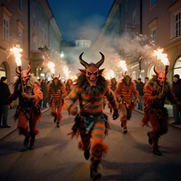 kodak portra 4 0 0, 5 0 0 mm tele lens, award winning dynamic vivid atmospheric photograph of hundreds of hazardous krampus, pelzebug, devils, by robert capas, in muted colours, striped orange and teal, motion blur, on a street in salzburg at night with colourful exploding pyro fire and torches, narrow shot, running fast towards the camera