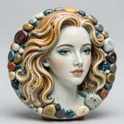 beautiful colorful pebble stone ceramic portraying emma stone, many small stones, extreme detail