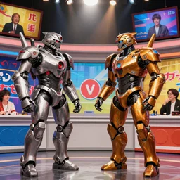 armored core v robot talking with a comedian in the tv studio, colorful panels, telop, funny japanese tv show.